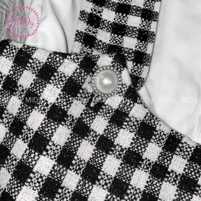 Set áo sơ mi tay nhún kiểu + váy yếm chất dạ Tweed