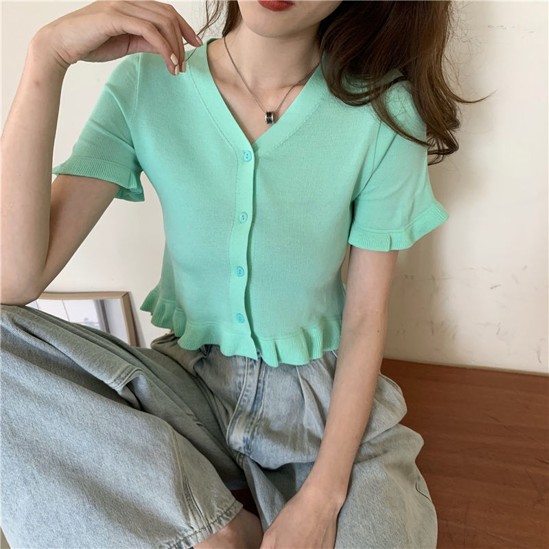 Áo croptop dệt kim tay ngắn cổ chữ v phong cách Hàn Quốc