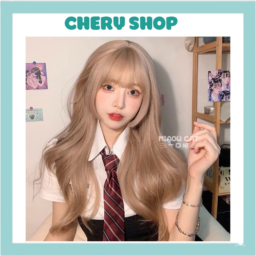 Tóc giả nữ đẹp nguyên đầu xoăn lơi phối mái dày màu hồng và vàng tặng kèm lưới trùm wig