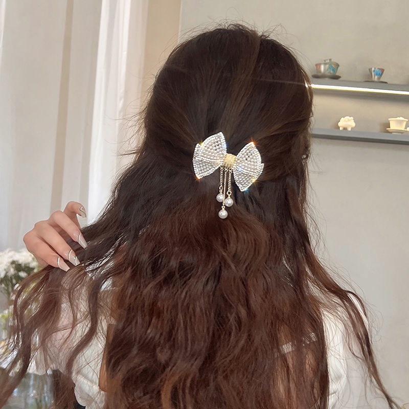 Kẹp Tóc Đính Nơ Tua Rua Đính Ngọc Trai Thời Trang Dành Cho Nữ