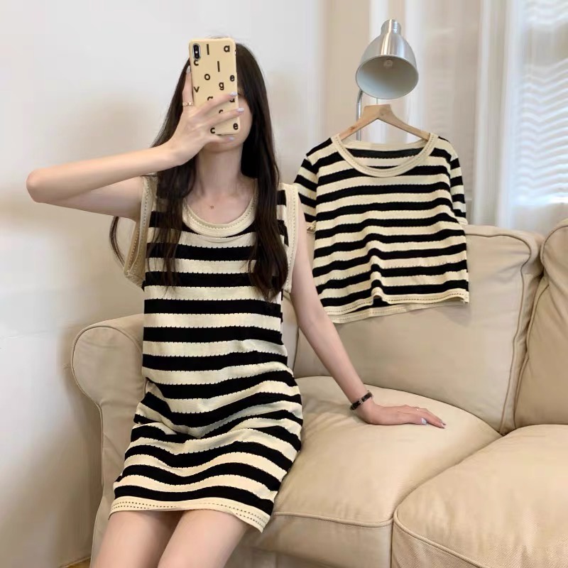 Váy dệt kim dáng suông sát nách len mongtoghi nữ kiểu kẻ ngang tay ngắn dệt kim cổ tròn hàng đẹp Quảng Châu cao cấp