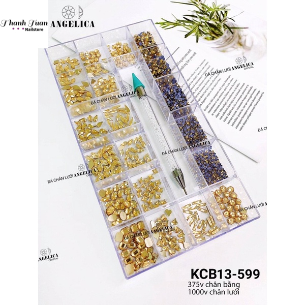 Khay Đá Nail 370 viên Chân bằng và Chân lưới 1000 viên Angelica tặng kèm bút chấm đá 2 đầu- Phụ kiện đồ nail
