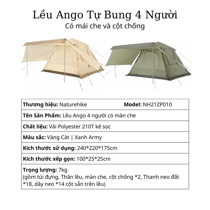 Lều Dã Ngoại Tự Bung Ango 4 Người Naturehike NH21ZP010 Có Mái Che Chống Nắng