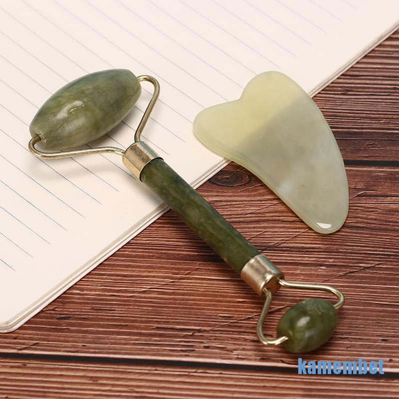 （hot*cod）1 Set Massager Tool Natural Facial Jade Roller Face Thin + Body Gua Sha Boa