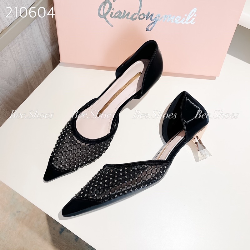 BEESHOES - GIÀY CAO GÓT BEESHOES LƯỚI ĐÍNH ĐÁ SIÊU XINH SẴN MÀU ĐEN HÔNG 210604