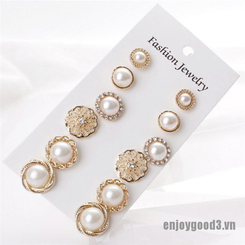 <enjoy3> 6 Pairs Elegant Crystal Rhinestone Diamond Pearl Sign Ears Tiny Studs Earrings