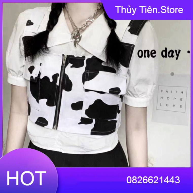 ÁO CROPTOP GILE DÁNG BA LỖ HỌA TIẾT BÒ SỮA KHÓA KÉO ULZZANG - Áo khoác gile croptop bò sữa 💎👗💝