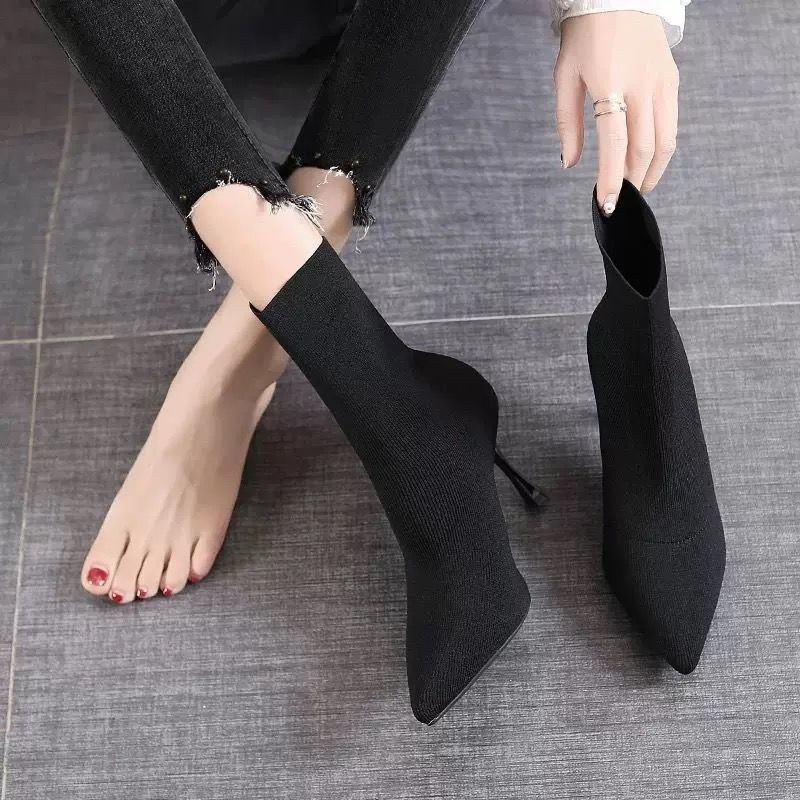 Giày Bốt Cao Gót Đan Len Mỏng Co Giãn Thời Trang Thu Đông Hàng Mới 2021