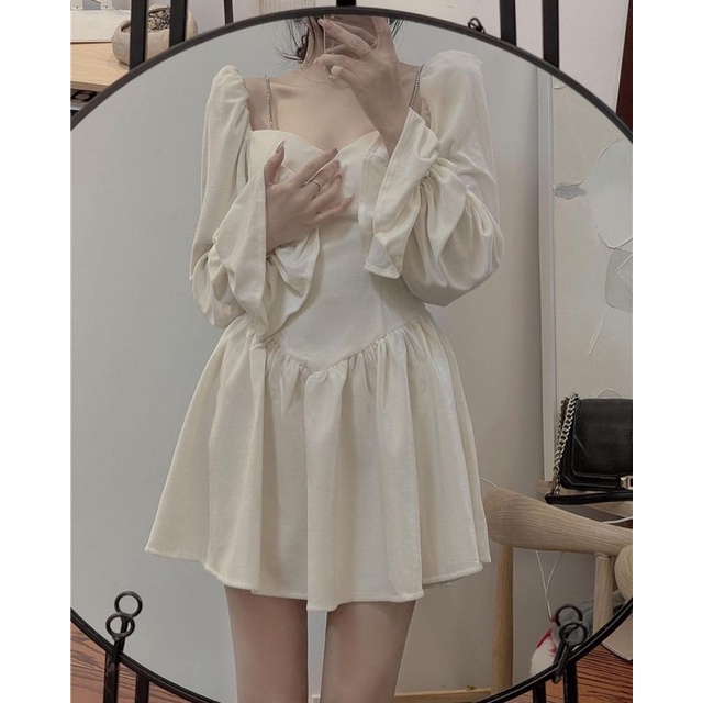 Váy đầm cổ vuông trễ vai cúp ngực tay loe công chúa kiểu ulzzang - by SugarG