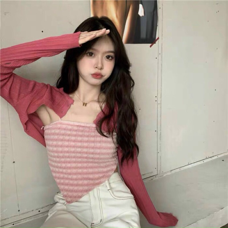 Set Áo Dây Trơn Màu Và Áo Cadigan Len Mỏng