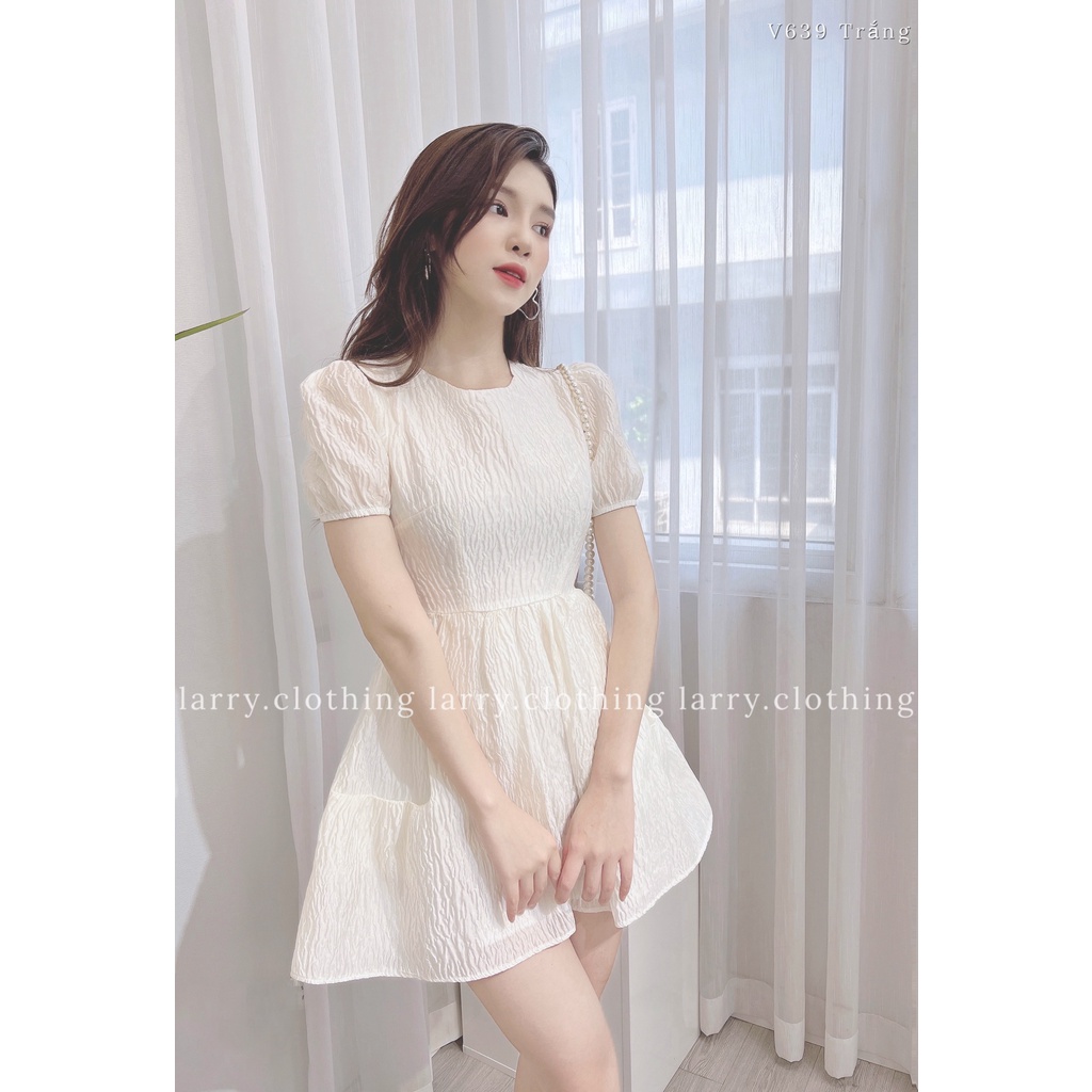 Đầm thiết kế nữ váy Tapta dáng babydoll vải nhăn cổ tròn 2 lớp chiết eo bồng thời trang thiết kế Larry Clothing V639