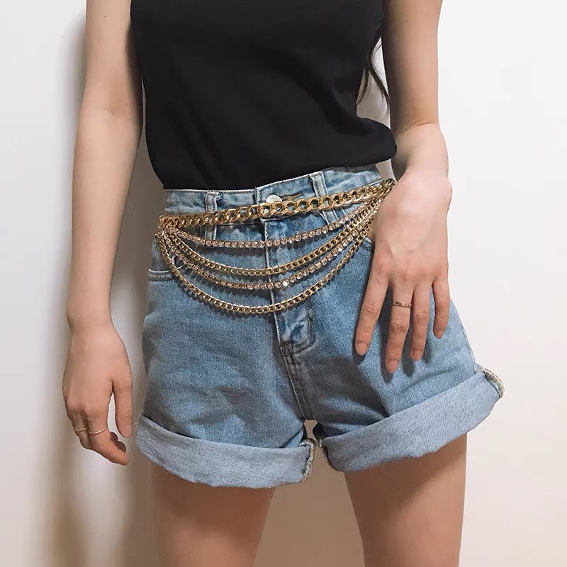 [ New] Dây xích thắt lưng quần 5 tầng đính đá sang chảnh Dây xích 2 màu Yams Closet