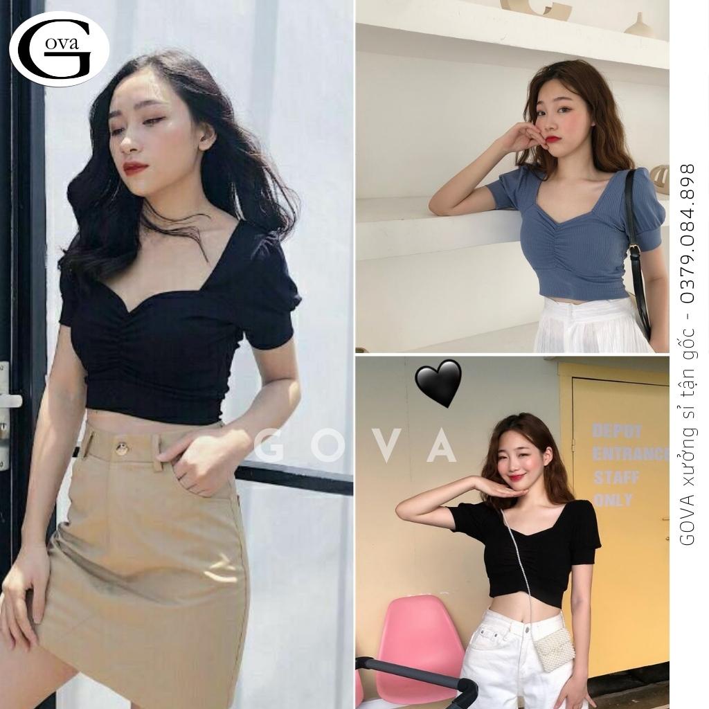 Áo Croptop Tay Phồng Ngắn Cổ Vuông Nhún Ngực Siêu Xinh Satiny DB63