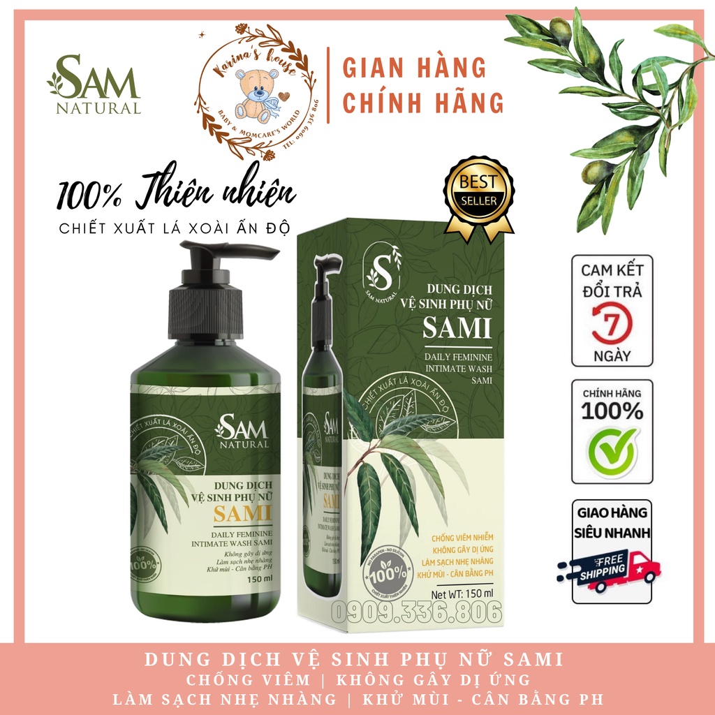 Dung Dịch Vệ Sinh Phụ Nữ Sami Chiết Xuất Lá Xoài Ấn Độ 150ML, dung dịch vệ sinh làm hồng mịn se khít vùng kín