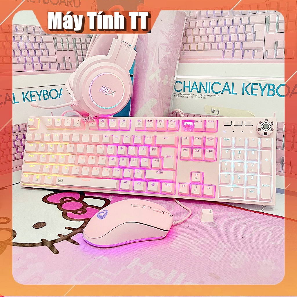 COMBO bàn phím cơ kèm chuột và tai nghe chụp tai MÀU HỒNG gaming LED RGB - TẶNG KÈM BÀN DI CỰC CHẤT  FD619+908+RKX