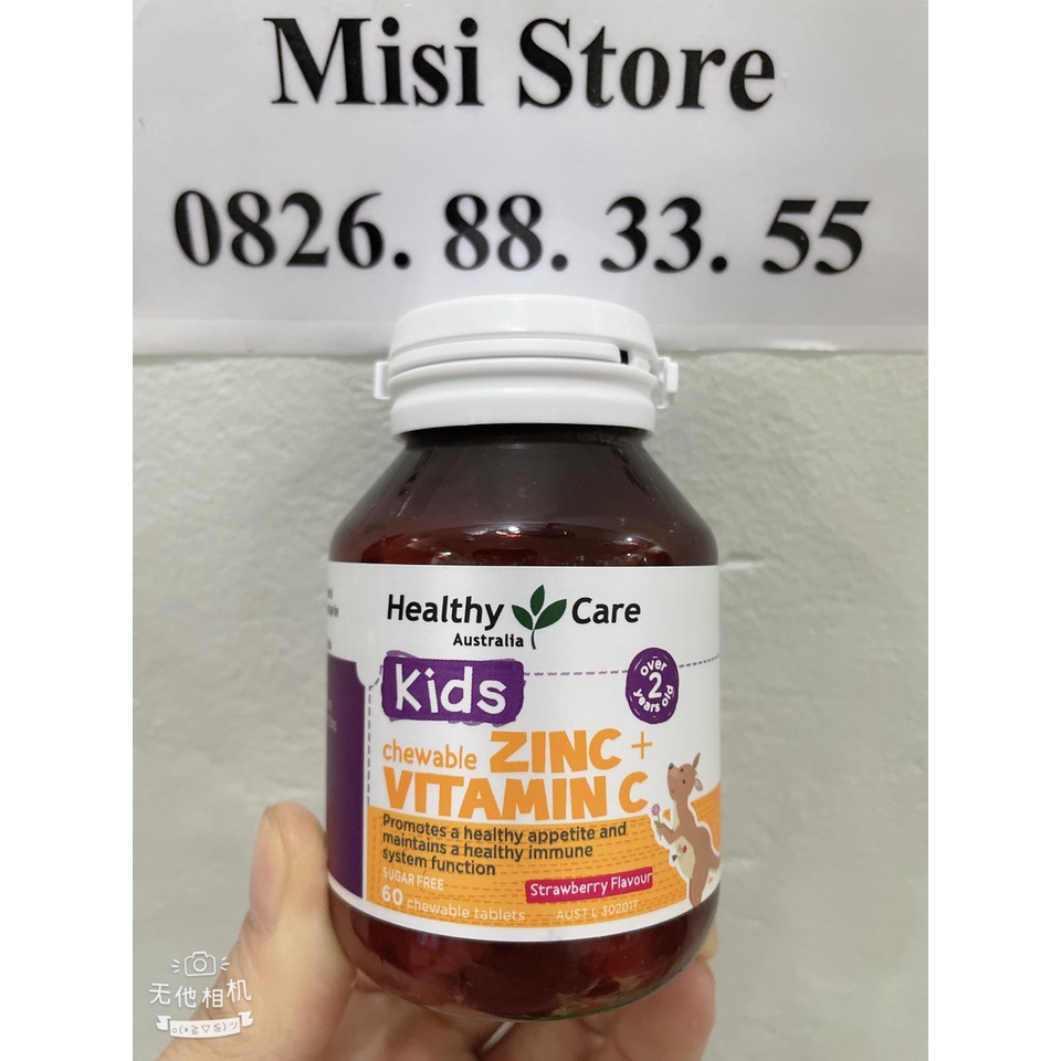 Vitamin C và Kẽm cho bé, Healthy Care Zinc + Vitamin C, 60 viên Viên Nhai