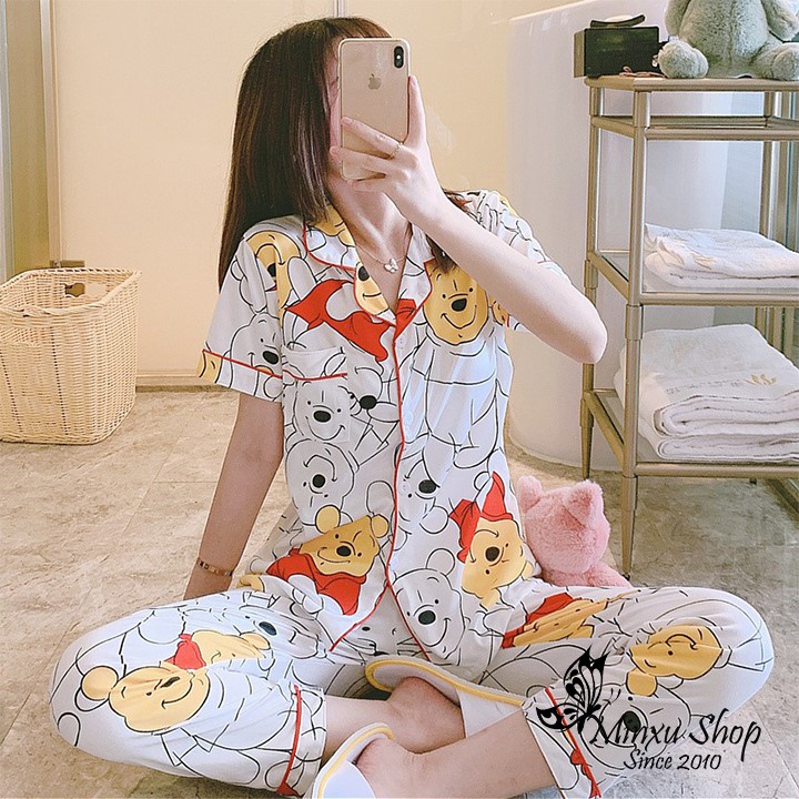 Bộ Pijama Cộc Tay, Quần Dài Mùa Hè, Mùa Thu - Phong Cách Hàn Quốc - Sợi Tơ Sữa Cao Cấp Mềm, Mịn - Siêu Dễ Thương