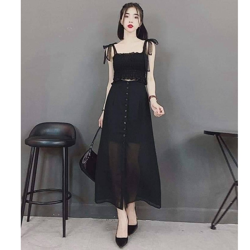 Ảnh thật chân váy voan dài xẻ giữa (có lót trong) AM