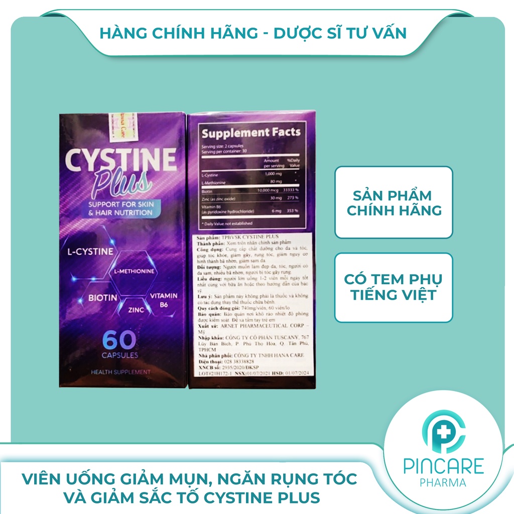Cystine Plus-Viên uống giảm mụn, ngăn rụng tóc và giảm sắc tố Supplement Fact Cystine Plus  - Nhà Thuốc PinCare