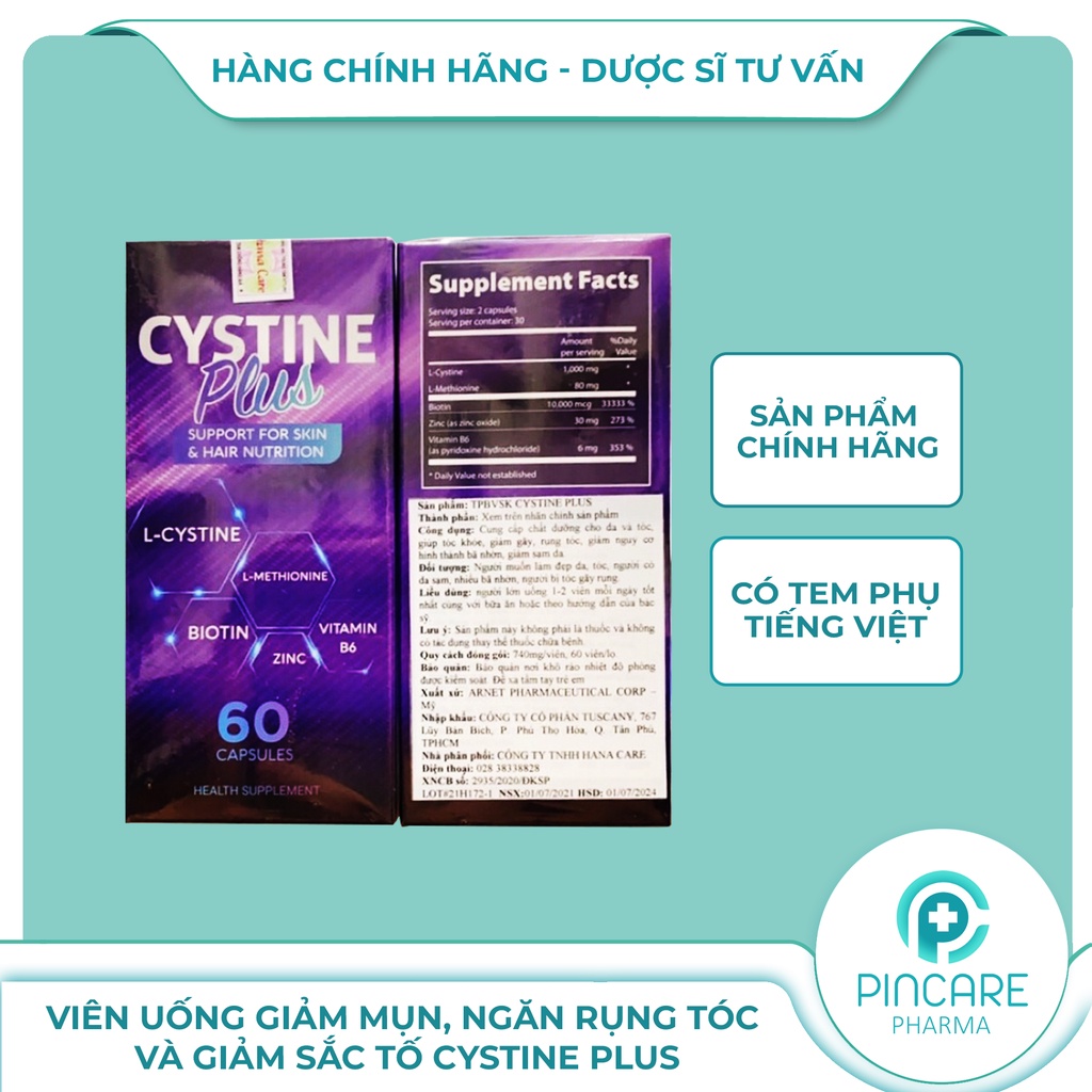 Cystine Plus-Viên uống giảm mụn, ngăn rụng tóc và giảm sắc tố Supplement Fact Cystine Plus (60 viên) - Nhà Thuốc PinCare