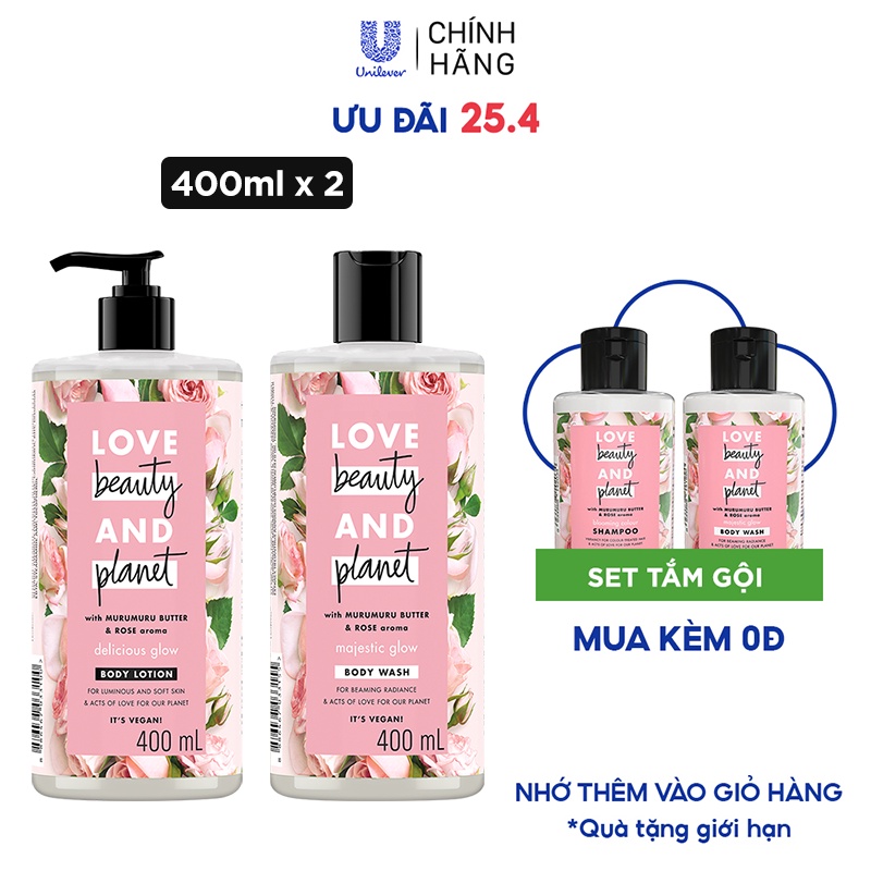 Combo Sữa Tắm + Sữa Dưỡng Thể Love Beauty And Planet Làm Sáng Da (400ml/Chai)