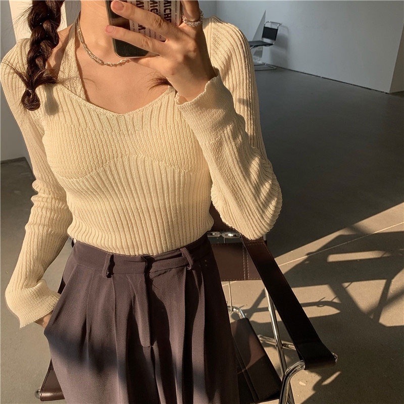 Áo dệt kim tay dài cổ chữ V màu trơn thời trang cho nữ