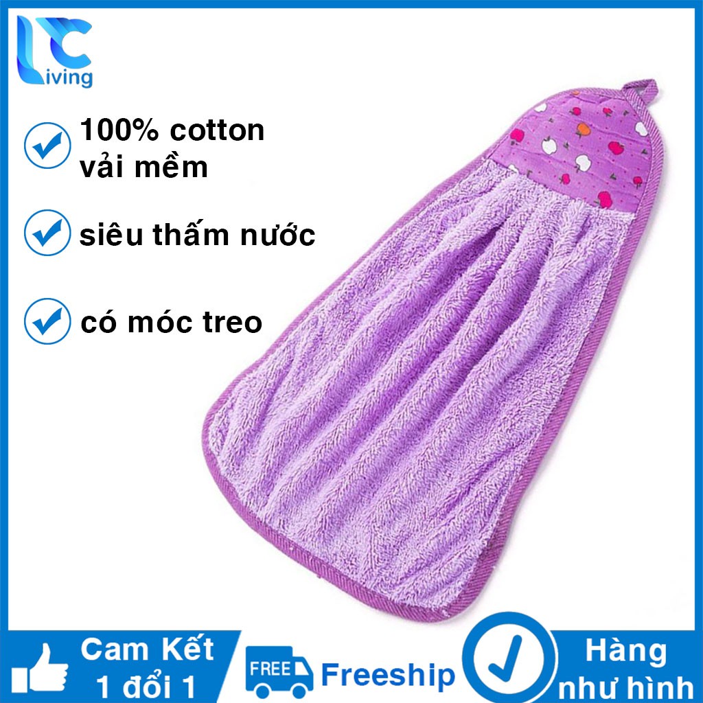 Khăn lau tay Living C, khăn lau tay nhà bếp đa năng siêu thấm 100% cotton lông mềm có móc treo _K17