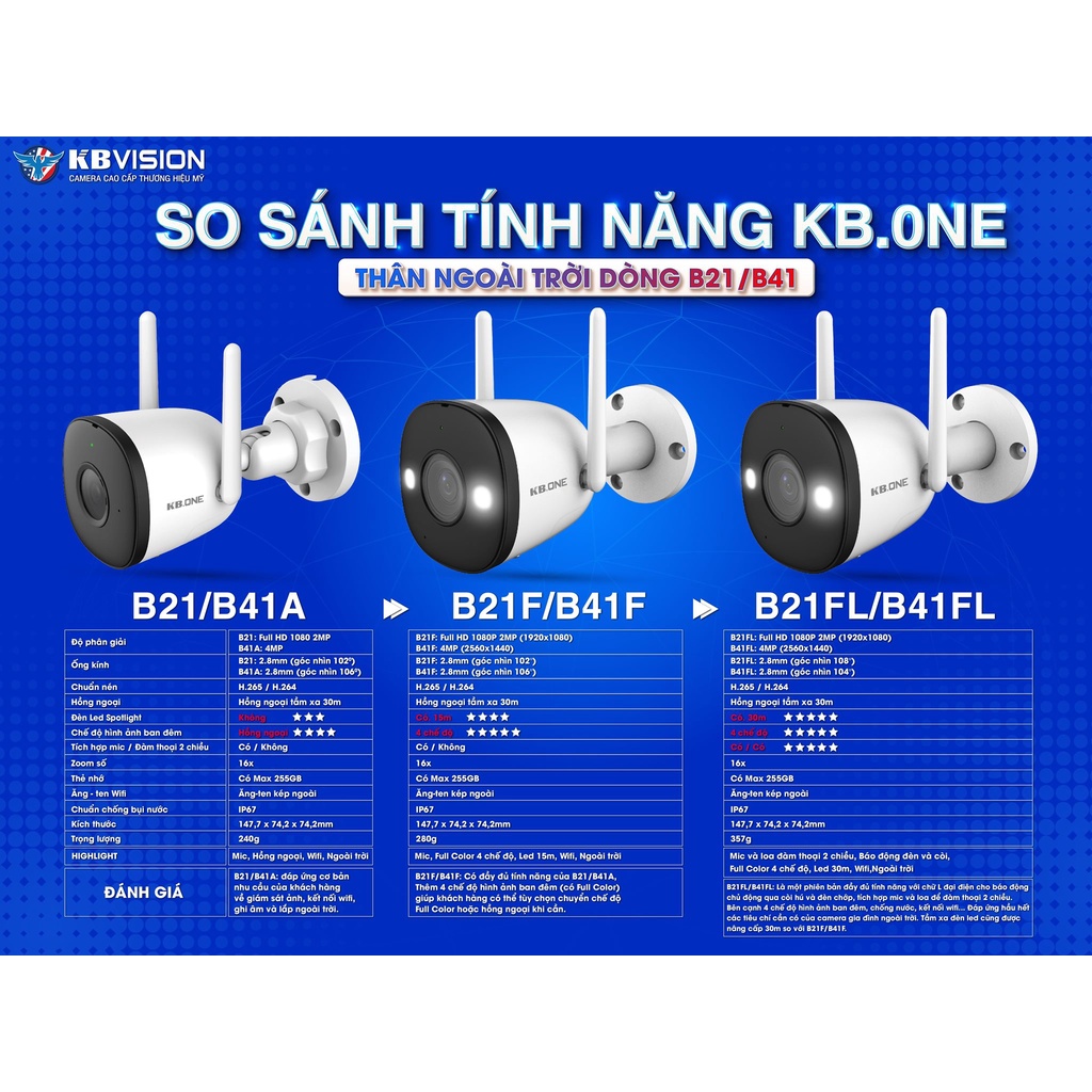 Camera WIFI KBONE NGOÀI TRỜI KN- B41A ( 4001WN CŨ ) 4Mb 2K Siêu nét, 2011WN 2M 1080P ( B21 MỚI ) - Bảo hành 24 tháng