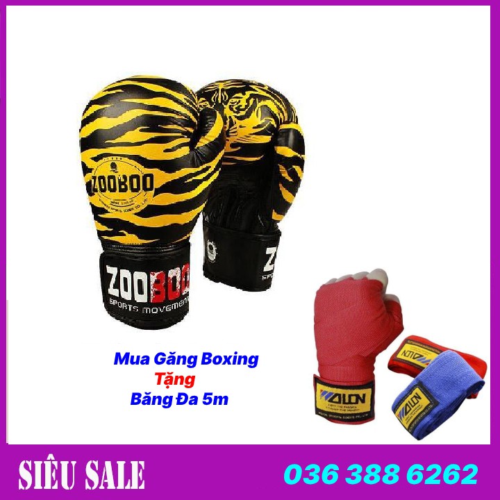Găng tay đấm bốc bao cát quyền anh tập boxing Zooboo hổ vằn + băng cuốn boxing 1,5 M - Bảo hành 6 tháng