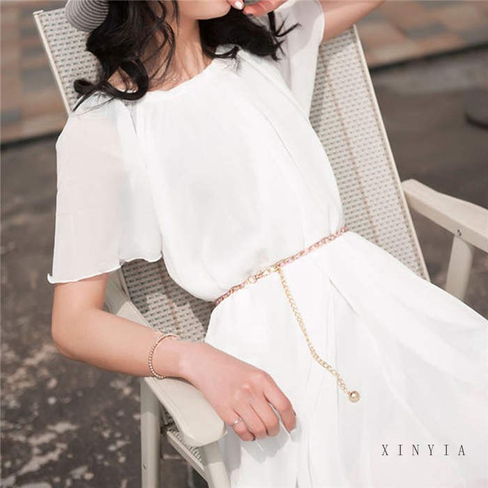 Dây thắt lưng kim loại đính hạt ngọc trai nhân tạo thời trang