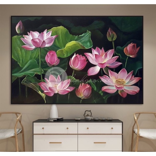 Tranh treo tường  tranh CANVAS , Tranh sơn dầu( tranh vẽ tay)mẫu hoa sen kích thước 60* 80cm( kèm khung cao cấp).