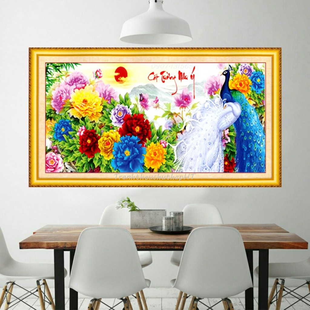 Tranh thêu chữ thập 3D con công hoa mẫu đơn 133*63cm LV3201