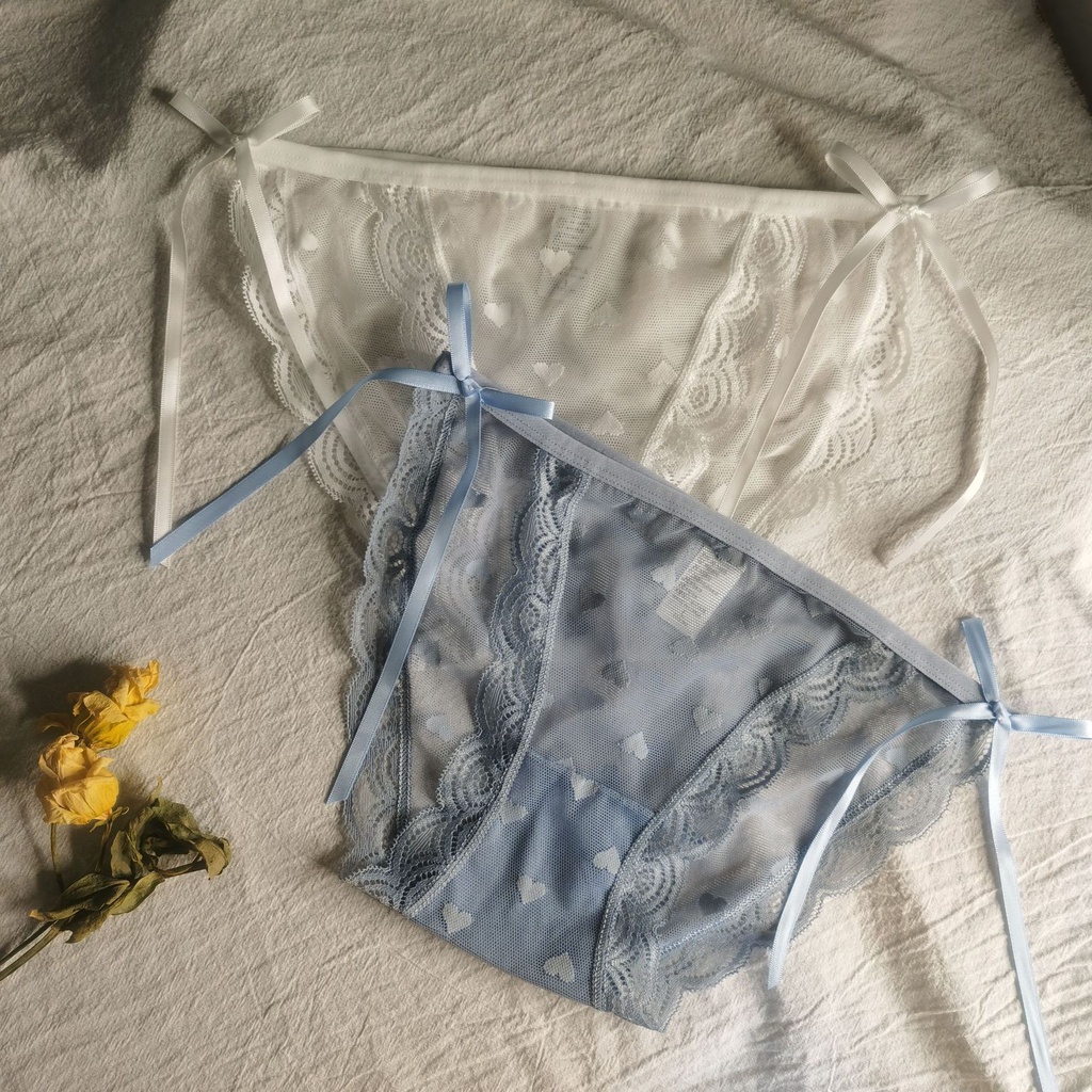 QL1034 Quần Lót Nữ ❤️ Quần Lót Ren Họa Tiết Tim Thắt Nơ Hông Sexy Điệu Đà