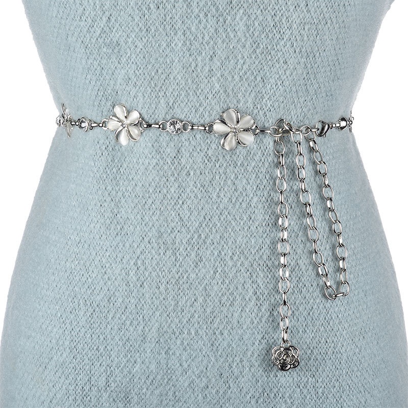 Thắt lưng dây xích chuỗi hoa đá, đai váy nữ hoa 5 cánh móc xích kim loại