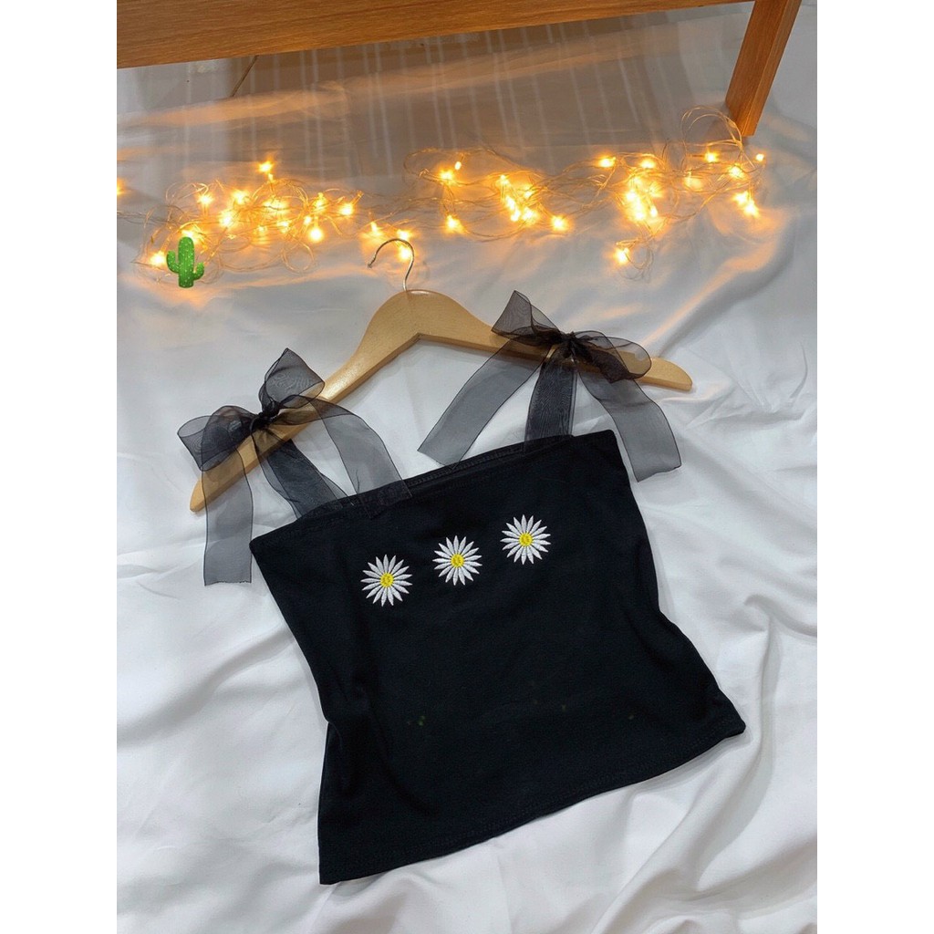 Áo 2 dây ruy băng xinh tiểu thư thêu hoa cúc pc