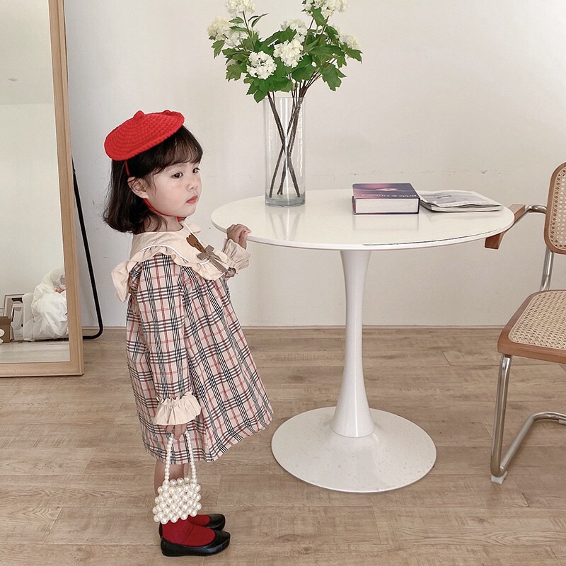 Đầm hoạ tiết burberry thêu gấu xinh xắn cho bé gái size 80-120