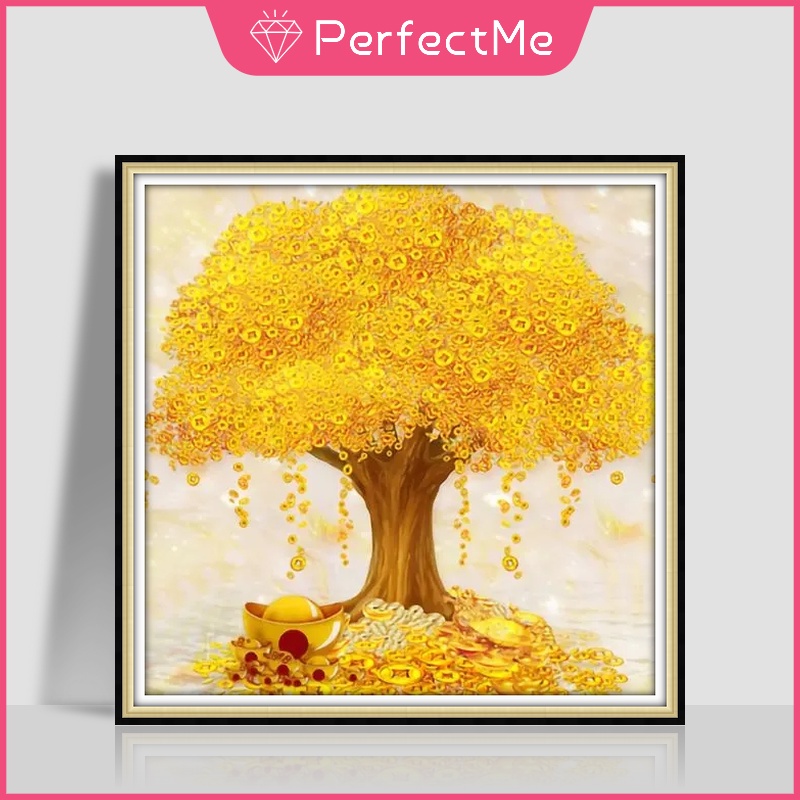 Tranh Đính Đá 5D Tự Làm Hình Cây Màu Vàng 50x50cm