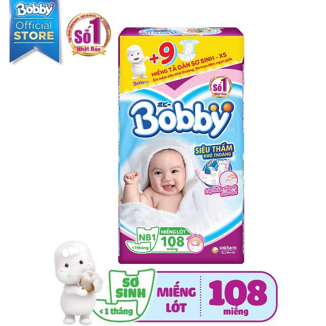 Miếng lót sơ sinh Bobby NewBorn 1-108 miếng (Tặng 9 miếng tã dán sơ sinh)