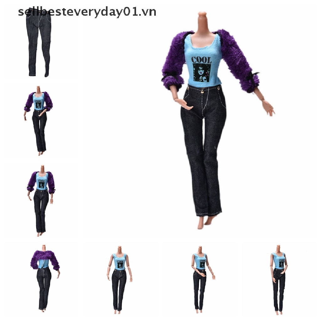 Set đồ 3 mảnh gồm áo sát nách áo khoác lông màu tím và quần dài trang trí cho búp bê Barbie