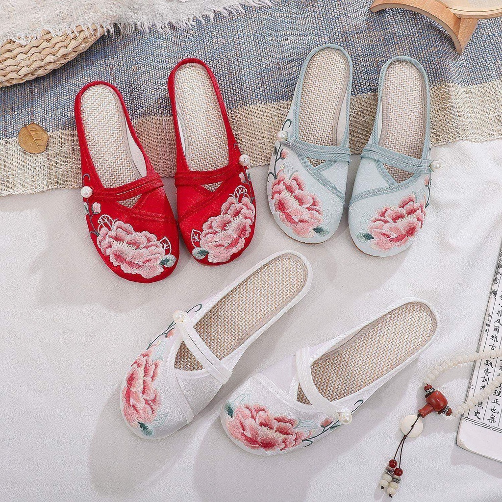 Dép Vải Satin Thêu Họa Tiết Đầu Tròn Phong Cách Trung Hoa Mới 2022