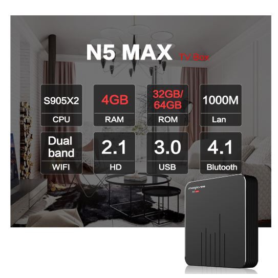 Android Tivi Box Magicsee N5 Max - Tivi Box Ram 4Gb - Bộ nhớ 32Gb - Chíp 905X3 - Phiên Bản 2020 Có Điều Khiển Voice