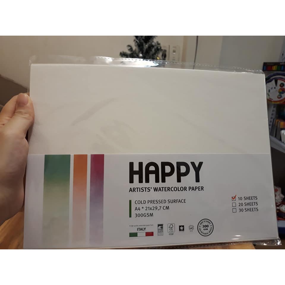 [Black-white shop] Giấy vẽ màu nước Happy, A4, xấp 10 tờ, 300gsm