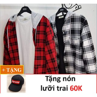 ÁO KHOÁC SƠMI UNISEX CAO CẤP SỌC CARO PHỐI NÓN +TẶNG KÈM NÓN SUPRE CAO CẤP