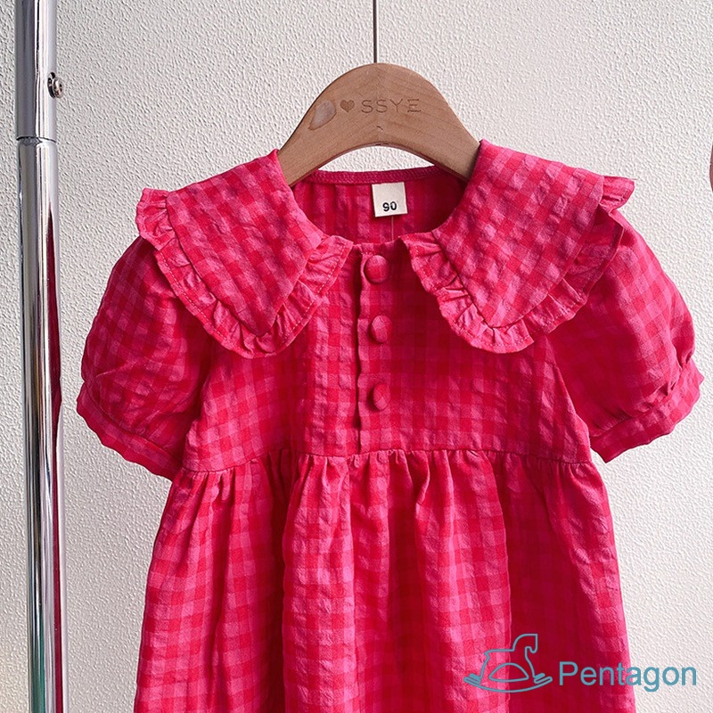 Đầm Công Chúa Tay Phồng In Họa Tiết Caro Dễ Thương Phong Cách Hàn Quốc Thời Trang Mùa Hè Cho Bé Gái