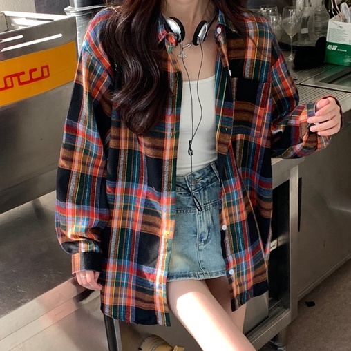 ZHELIHANGFEI Áo Khoác Sơ Mi Tay Dài Dáng Rộng Kẻ Sọc Kiểu Retro Cá Tính