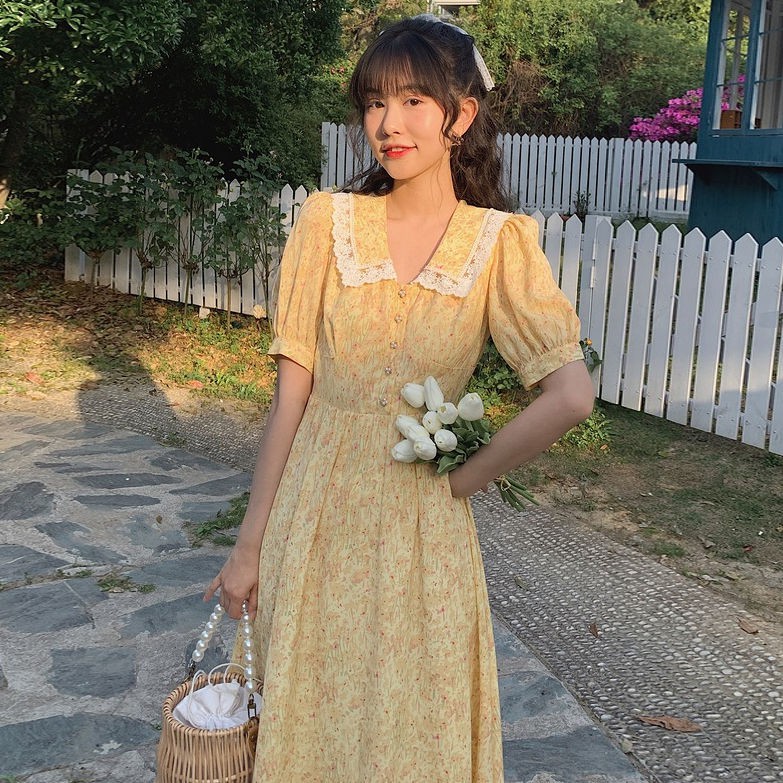 Summer new yellow floral chiffon ladies dress