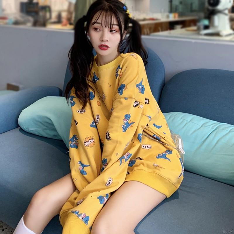 Áo Nỉ Dài Tay Cổ Tròn Form Rộng In Họa Tiết Hoạt Hình Phong Cách Hàn Quốc