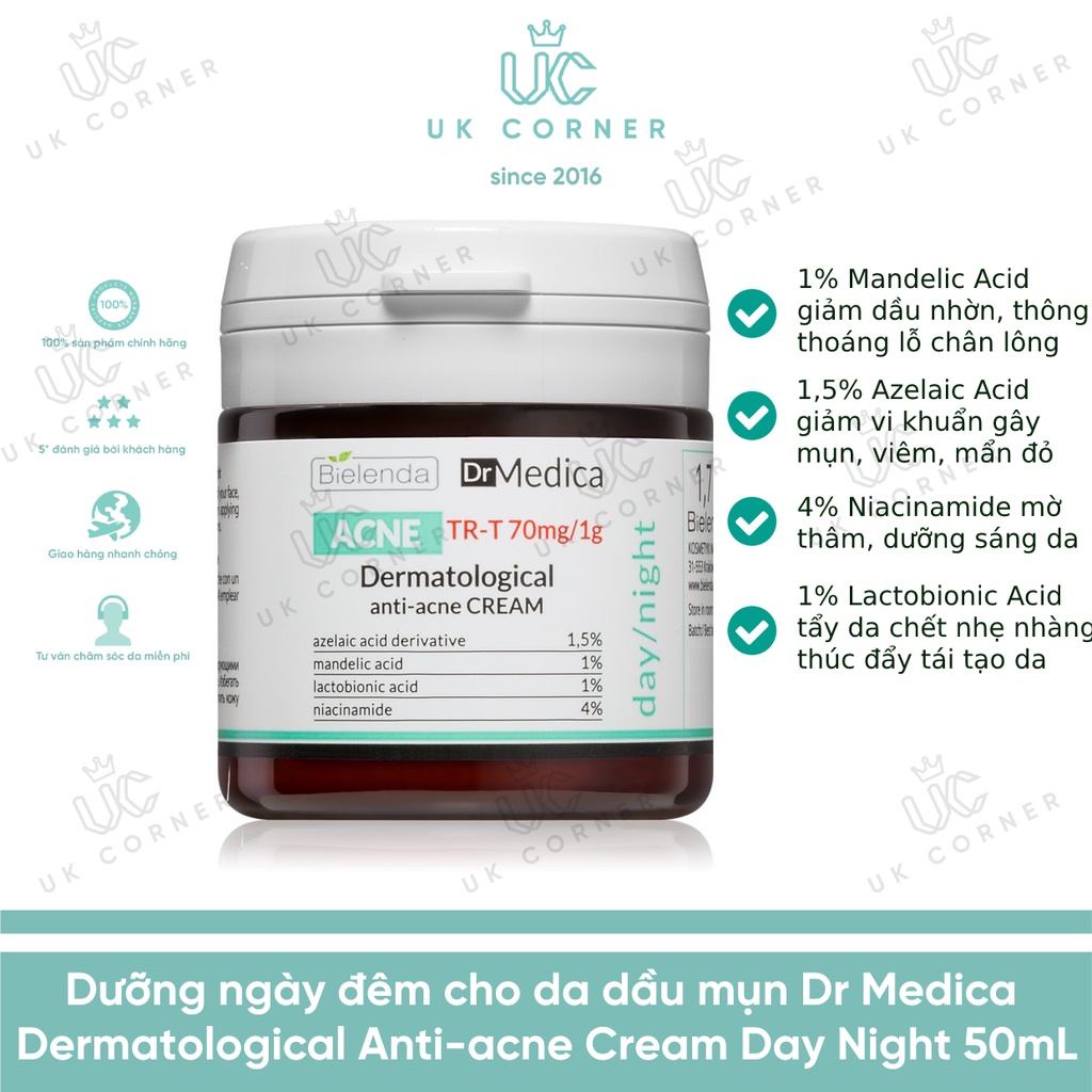 Dưỡng ngày đêm cho da dầu mụn Dr Medica Dermatological Anti-acne Cream Day Night 50mL