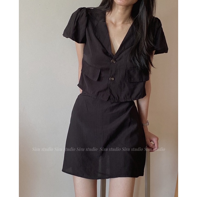 HOT HOT Set áo cổ vest chân váy