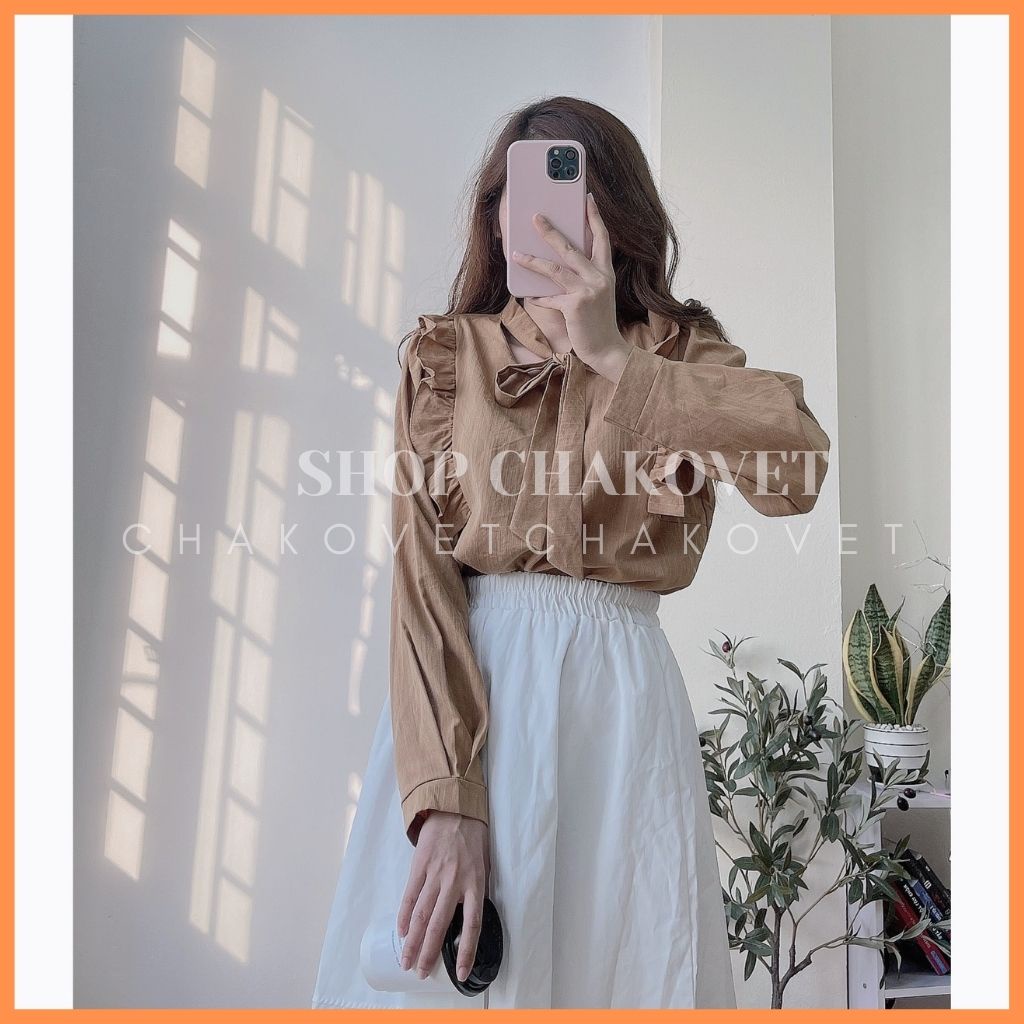 Áo sơ mi nữ dài tay trơn basic CKA891, kiểu áo nữ cổ V dáng babydoll bèo ngực thắt nơ phong cách thời trang hàn quốc